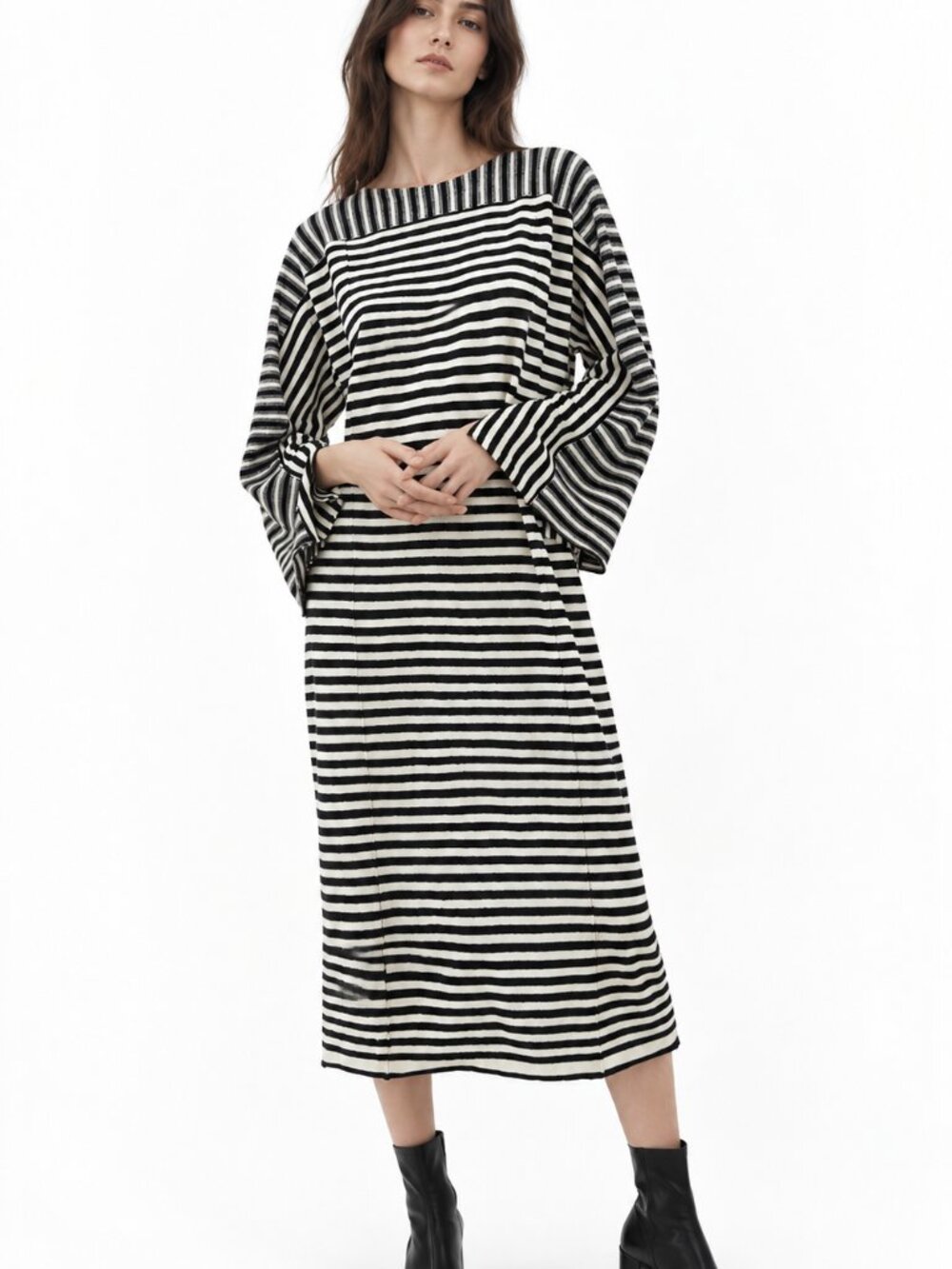ZARA 100% Wool Striped Maxi Sweater Dress Oversized Black White S